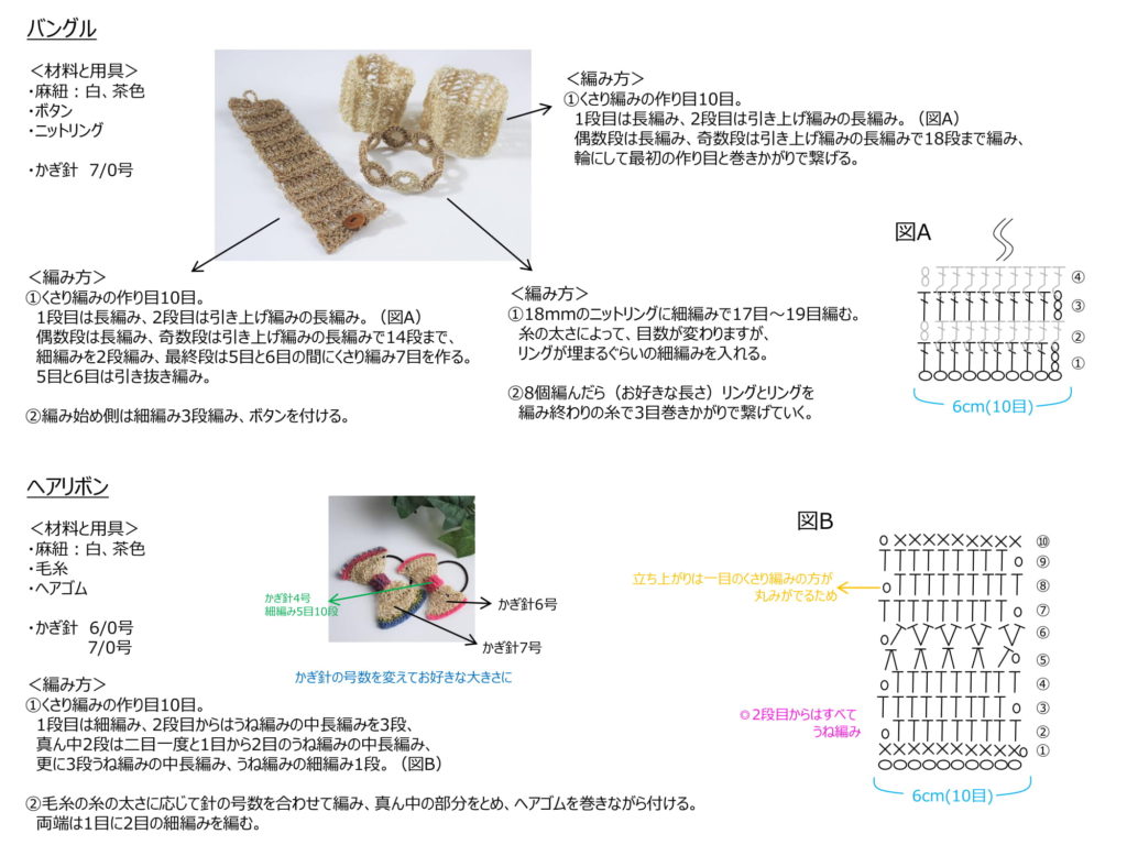 麻紐のバングルと麻紐のヘアリボンの編み図