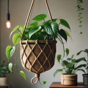 麻紐で巻いた吊るした植物のポトス