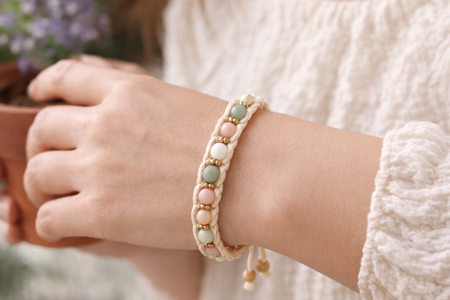 ナチュラル可愛いブレスレットを付けた女性の手首