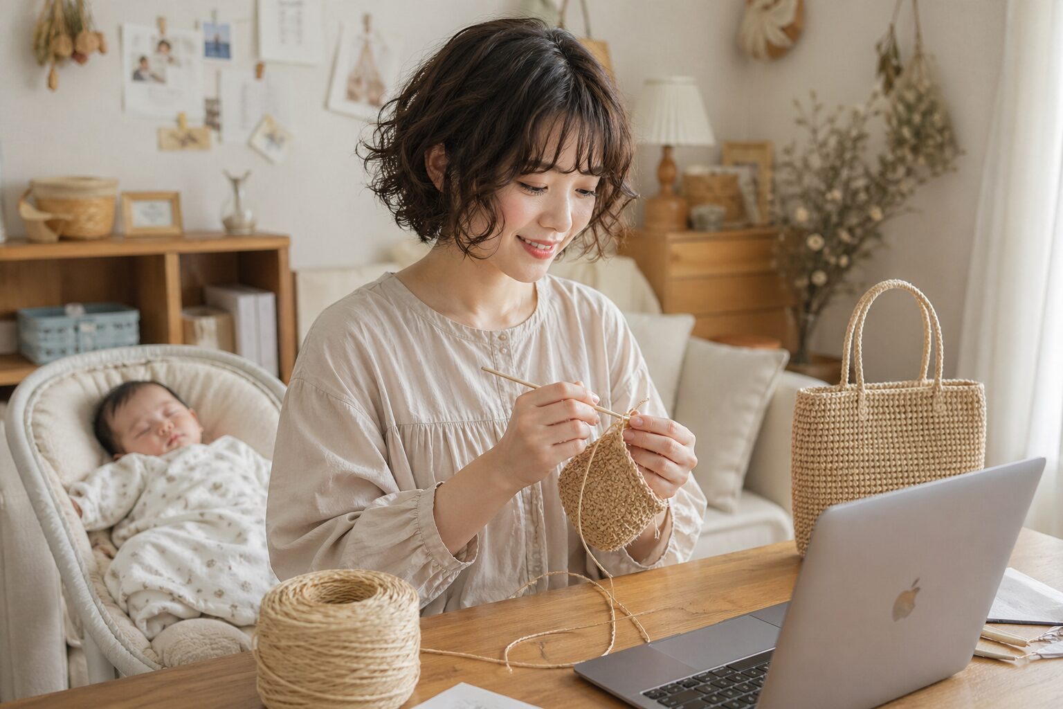 麻紐を使って編み物をする女性