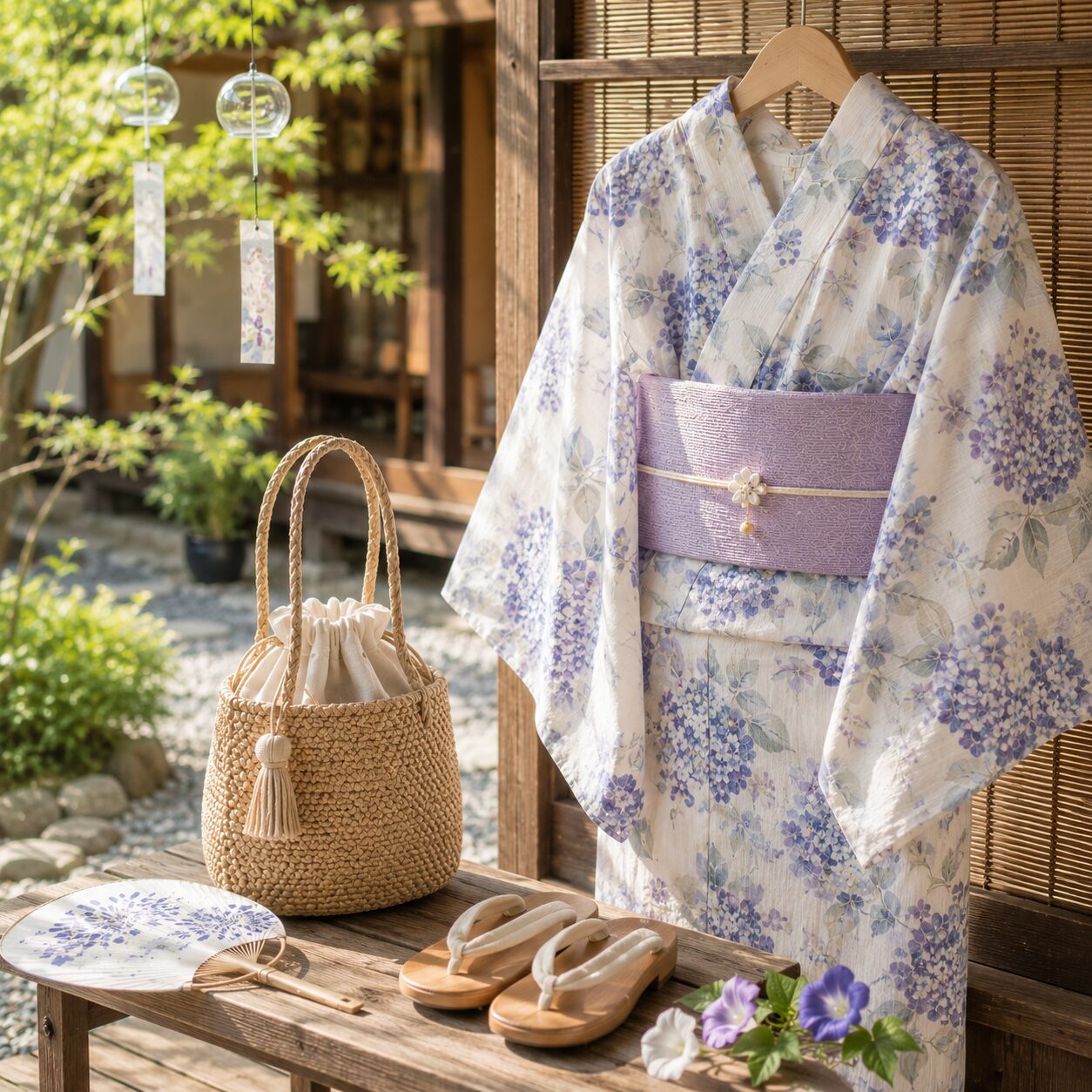 麻紐バッグと浴衣コーデ