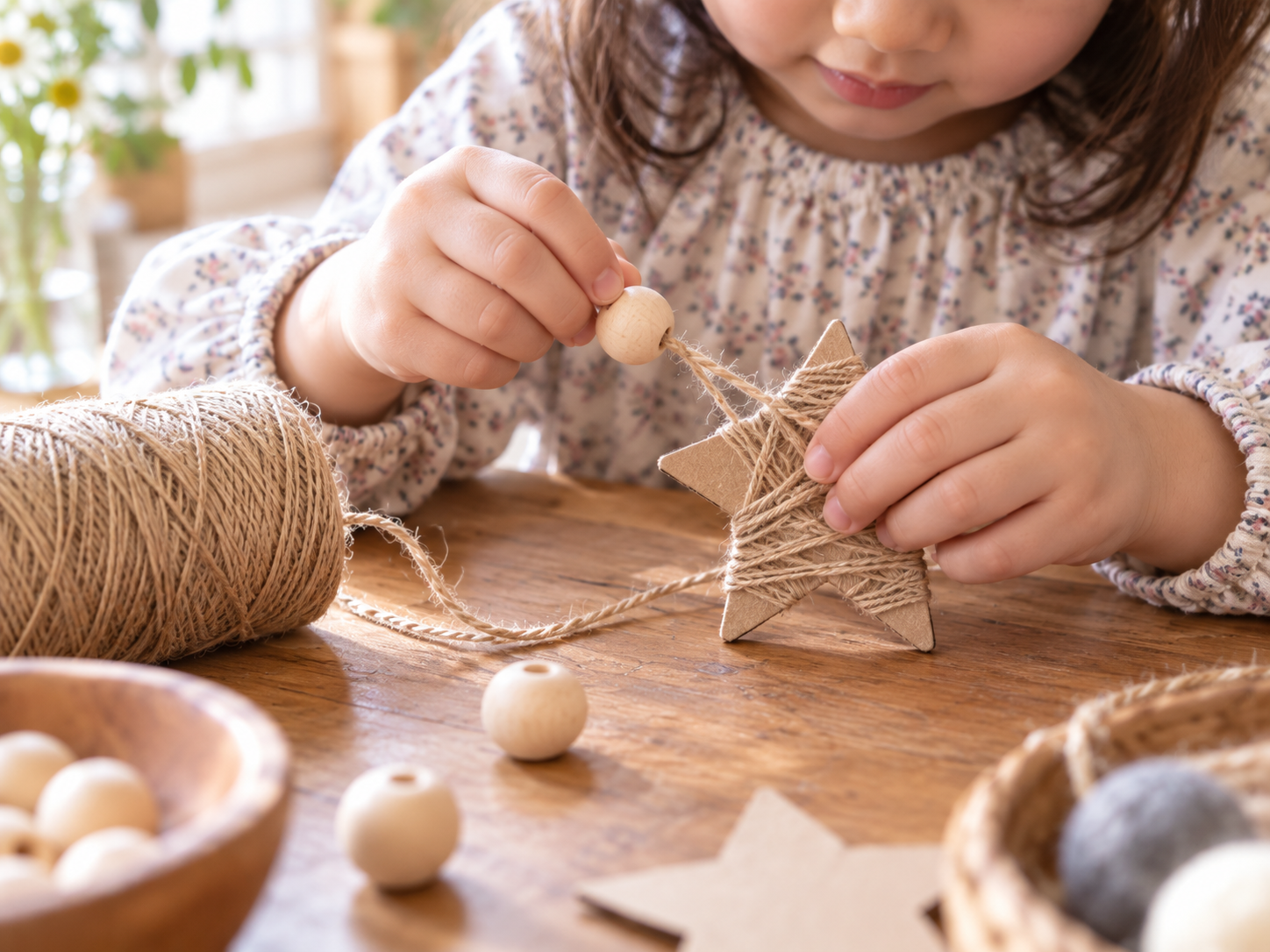 麻紐で工作する子ども